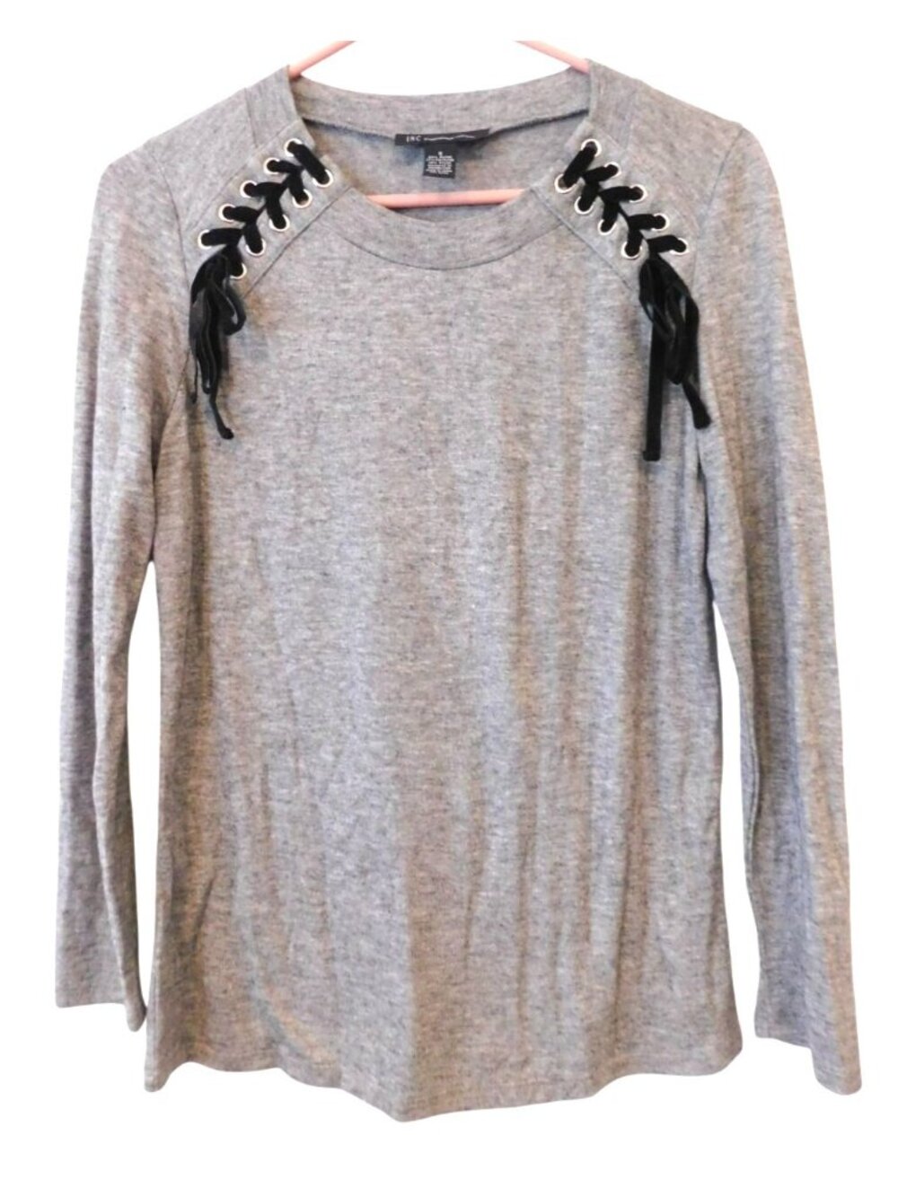 INC International Concepts Sz S Small Gray Lace Up Shoulder Top Long Sleeve Edgy
